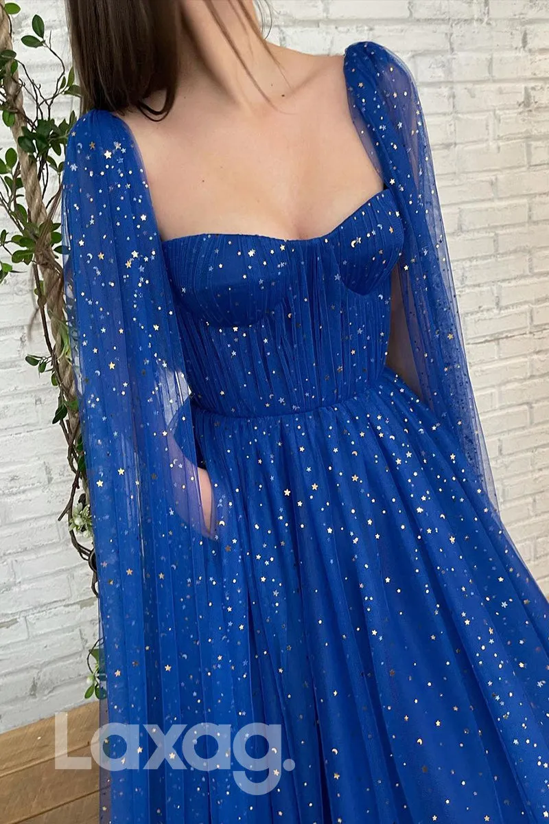 16700 -Strapless Bling Star Blue Formal Dress With Cape