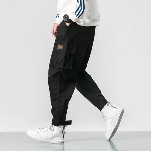 2021 Men Multi-pocket Elastic Waist Design Harem Pant Street Punk Hip Hop Red Casual Trousers Joggers Male Army Cargo Pants