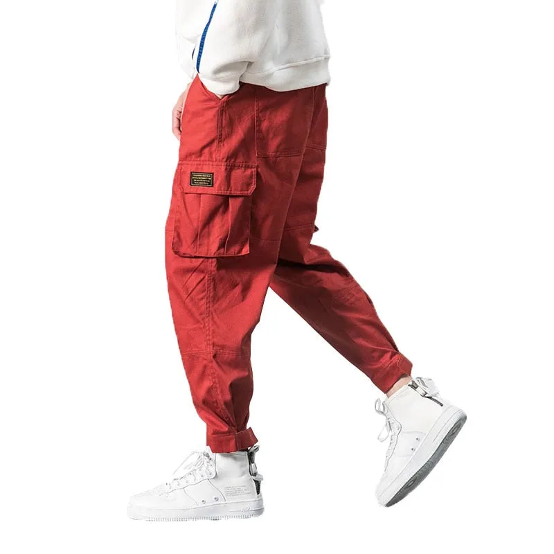 2021 Men Multi-pocket Elastic Waist Design Harem Pant Street Punk Hip Hop Red Casual Trousers Joggers Male Army Cargo Pants