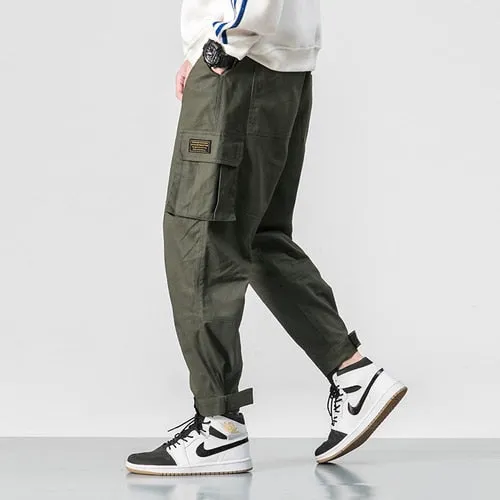 2021 Men Multi-pocket Elastic Waist Design Harem Pant Street Punk Hip Hop Red Casual Trousers Joggers Male Army Cargo Pants