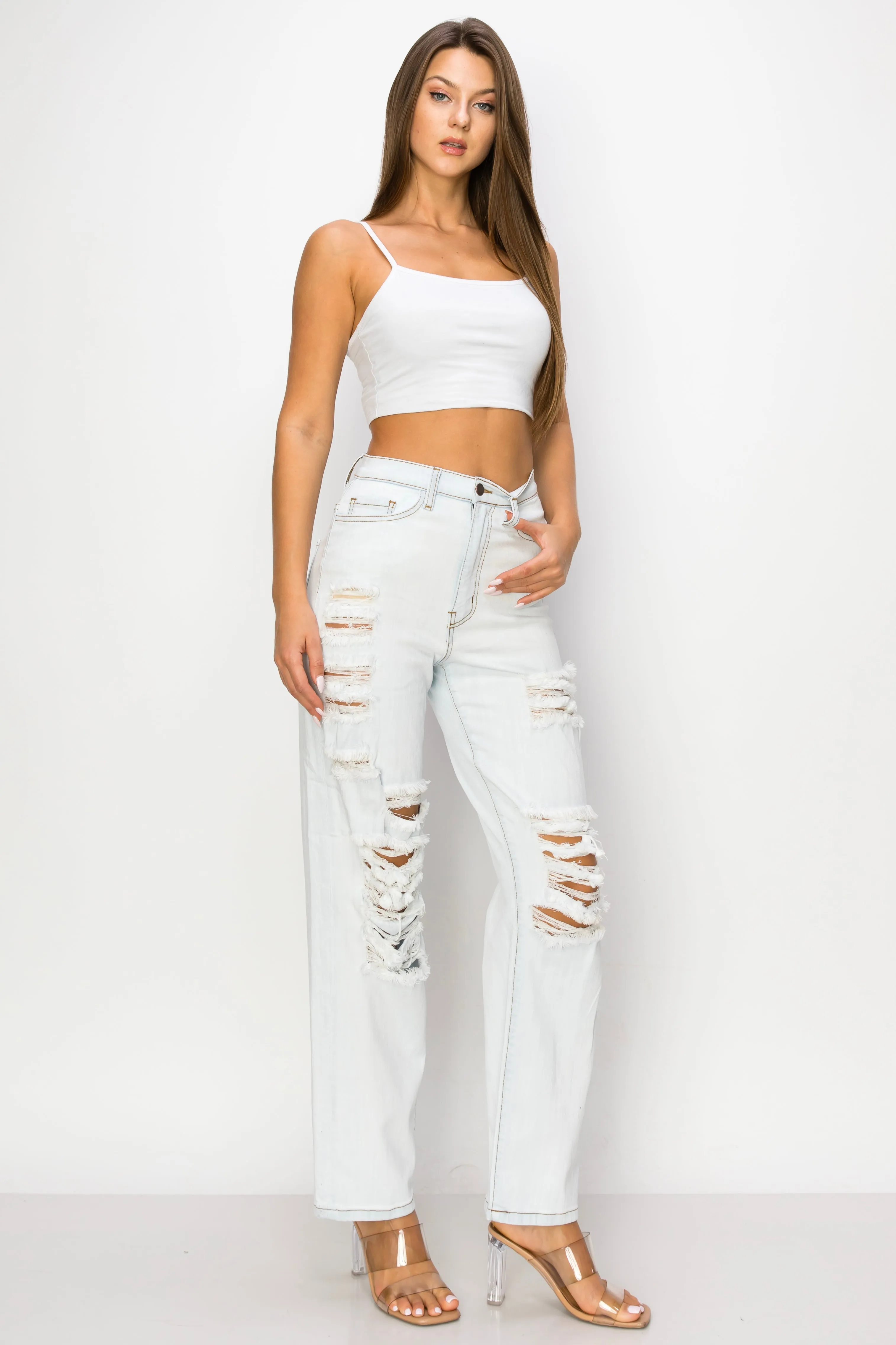 40403 Women's High Rise Straight Jean w/ shredded front panel