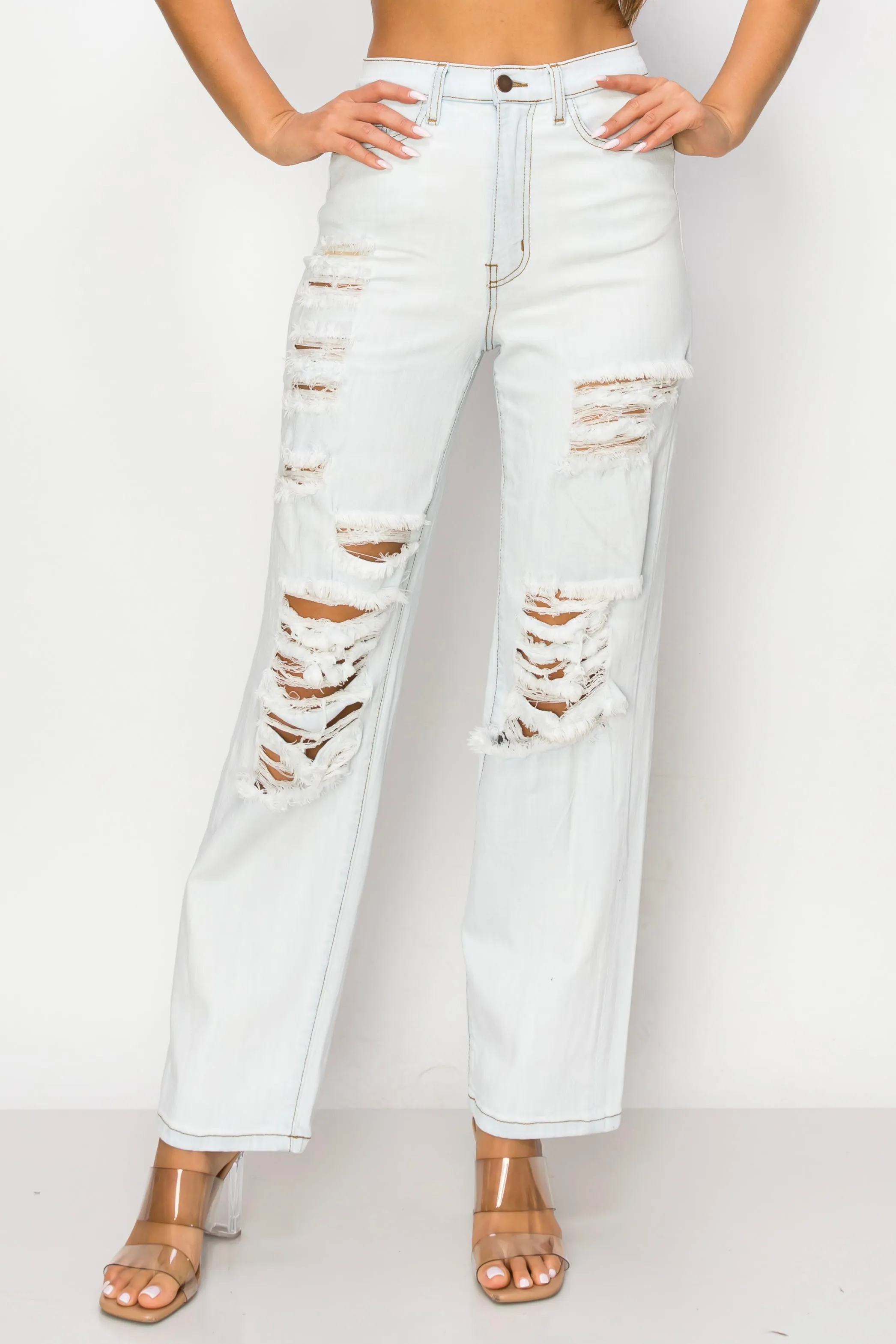 40403 Women's High Rise Straight Jean w/ shredded front panel
