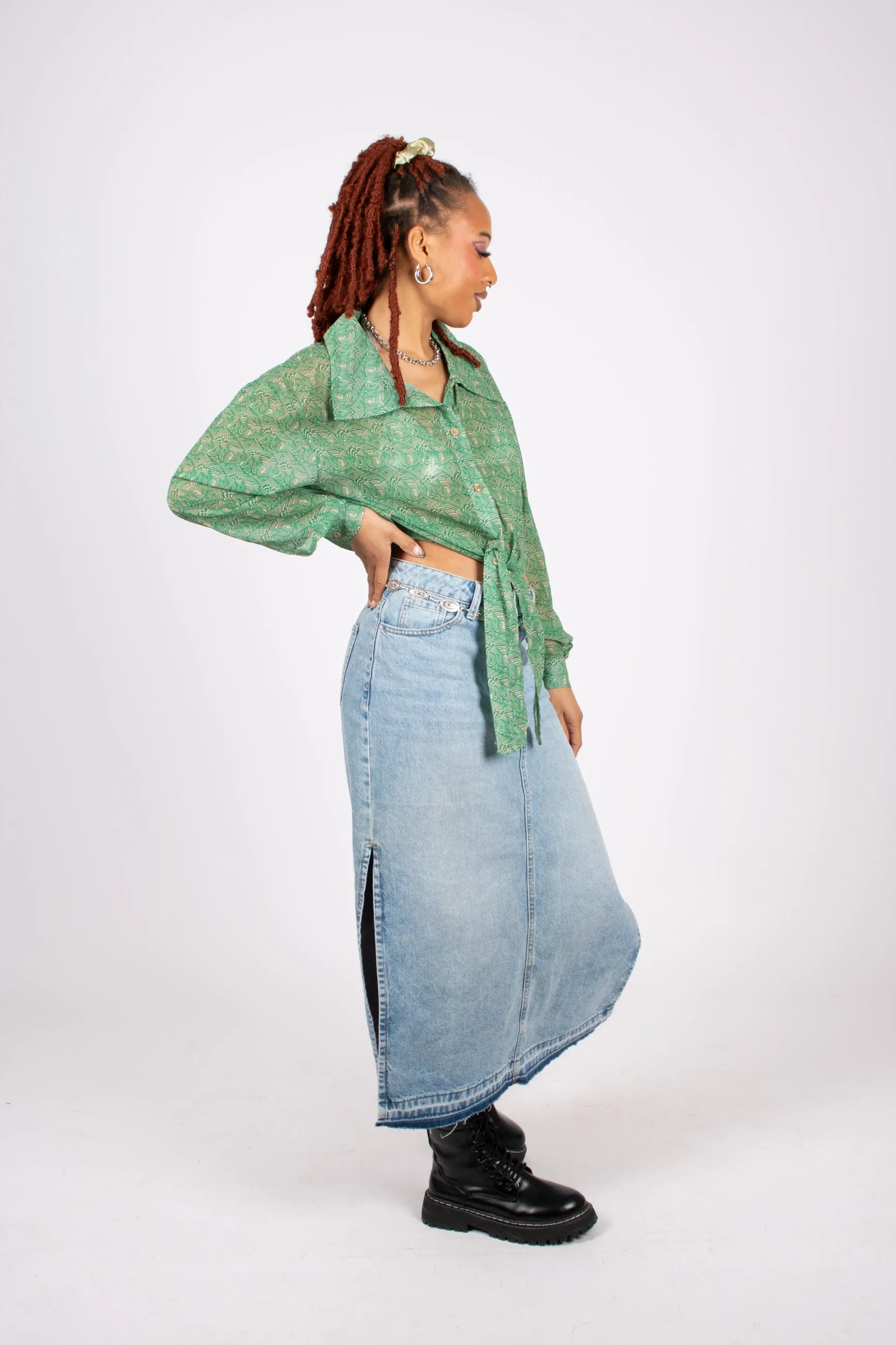 90s Green Sheer Swirl Printed Shirt
