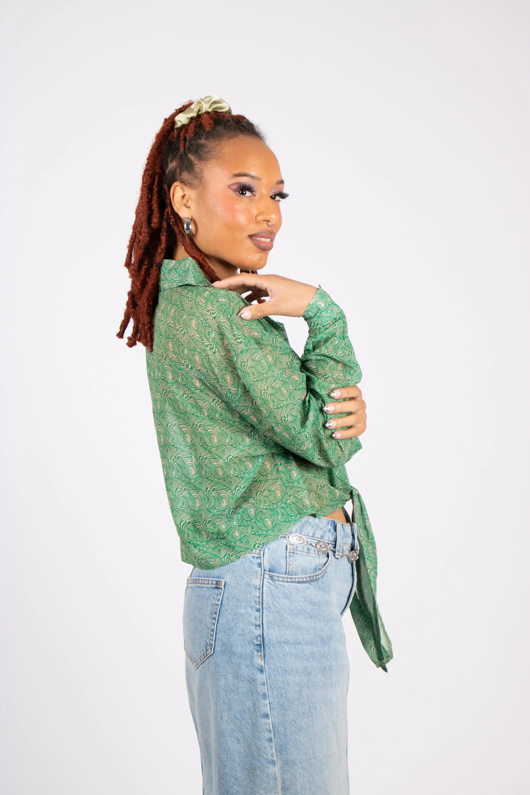 90s Green Sheer Swirl Printed Shirt