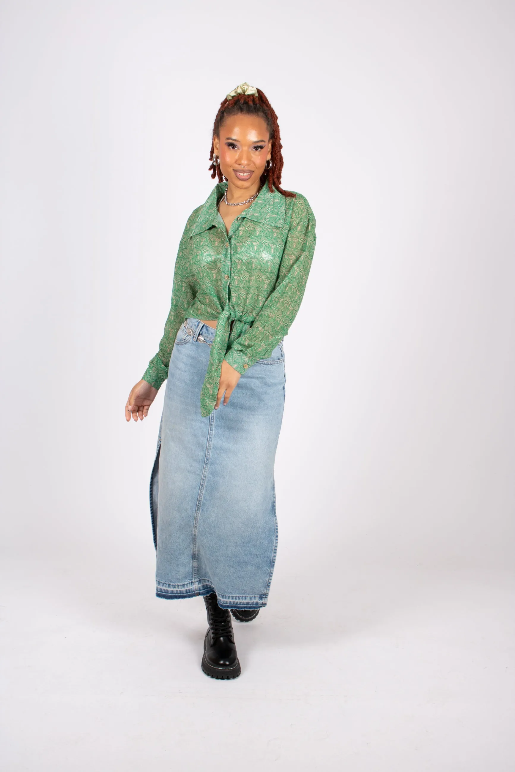 90s Green Sheer Swirl Printed Shirt