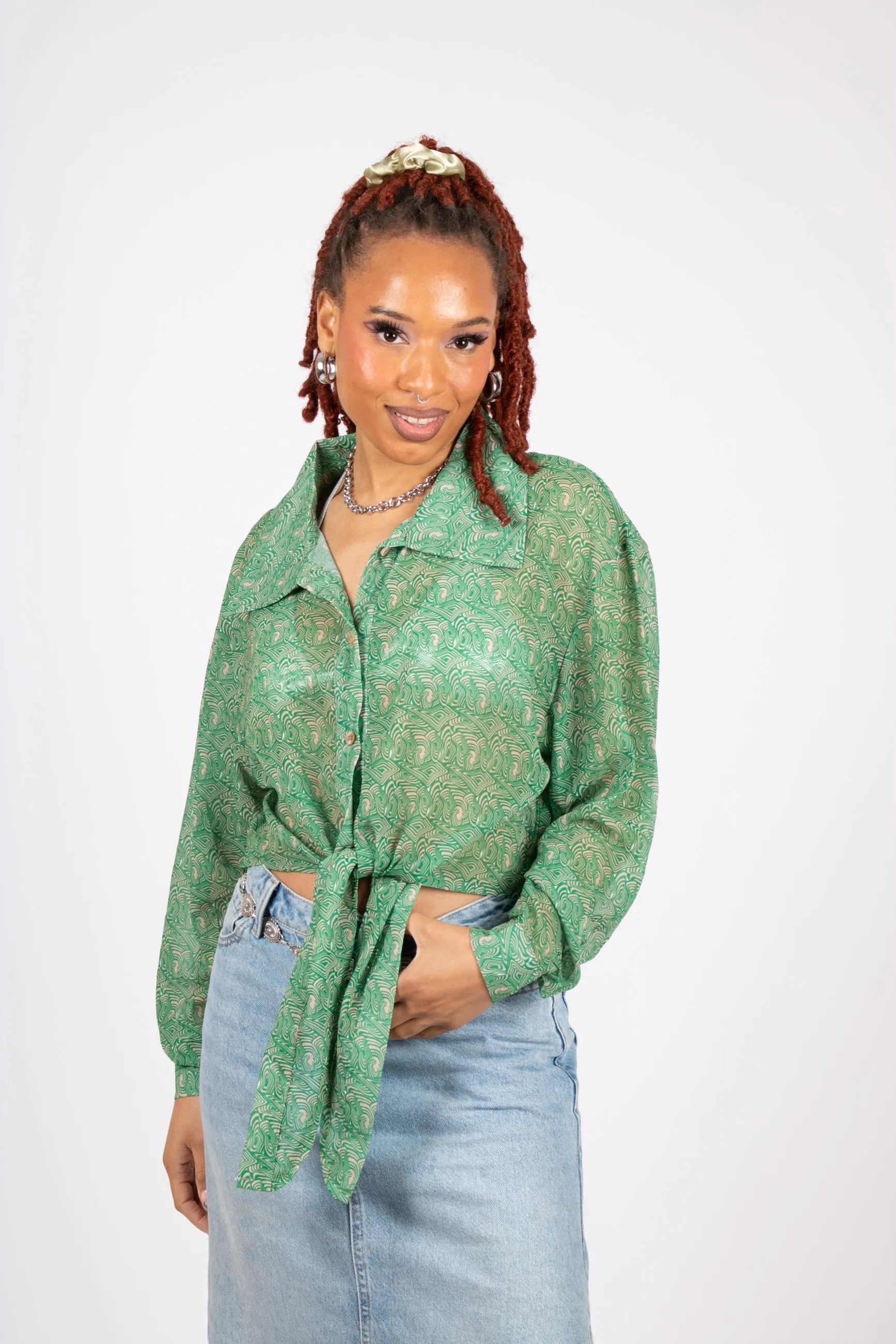 90s Green Sheer Swirl Printed Shirt