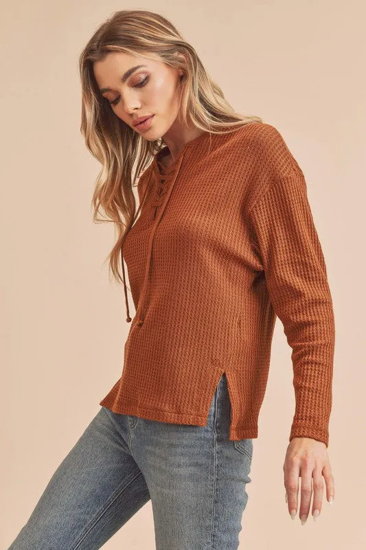 Aemi   Co. Carole Waffle Knit Lace Up Top