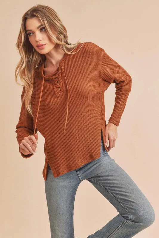 Aemi   Co. Carole Waffle Knit Lace Up Top