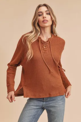 Aemi   Co. Carole Waffle Knit Lace Up Top