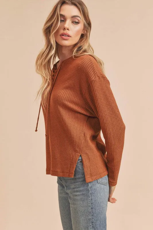 Aemi   Co. Carole Waffle Knit Lace Up Top