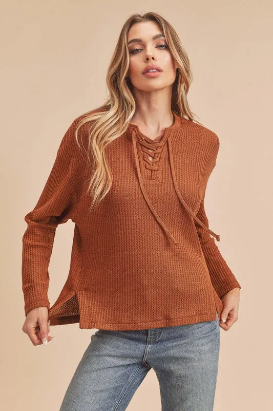 Aemi   Co. Carole Waffle Knit Lace Up Top