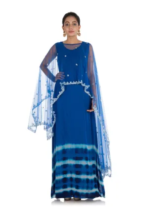 Anju Agarwal Hand Embroidered Royal Blue Tie & Dye Cape Gown