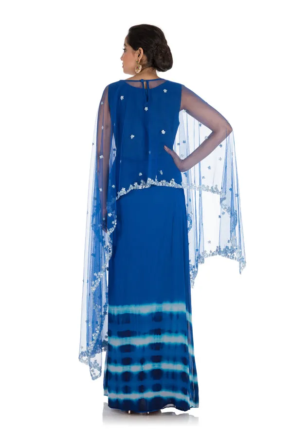 Anju Agarwal Hand Embroidered Royal Blue Tie & Dye Cape Gown