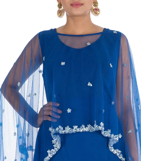 Anju Agarwal Hand Embroidered Royal Blue Tie & Dye Cape Gown