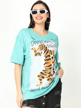 Aqua marine dancing tiger Printed Oversized T-shirt for Women