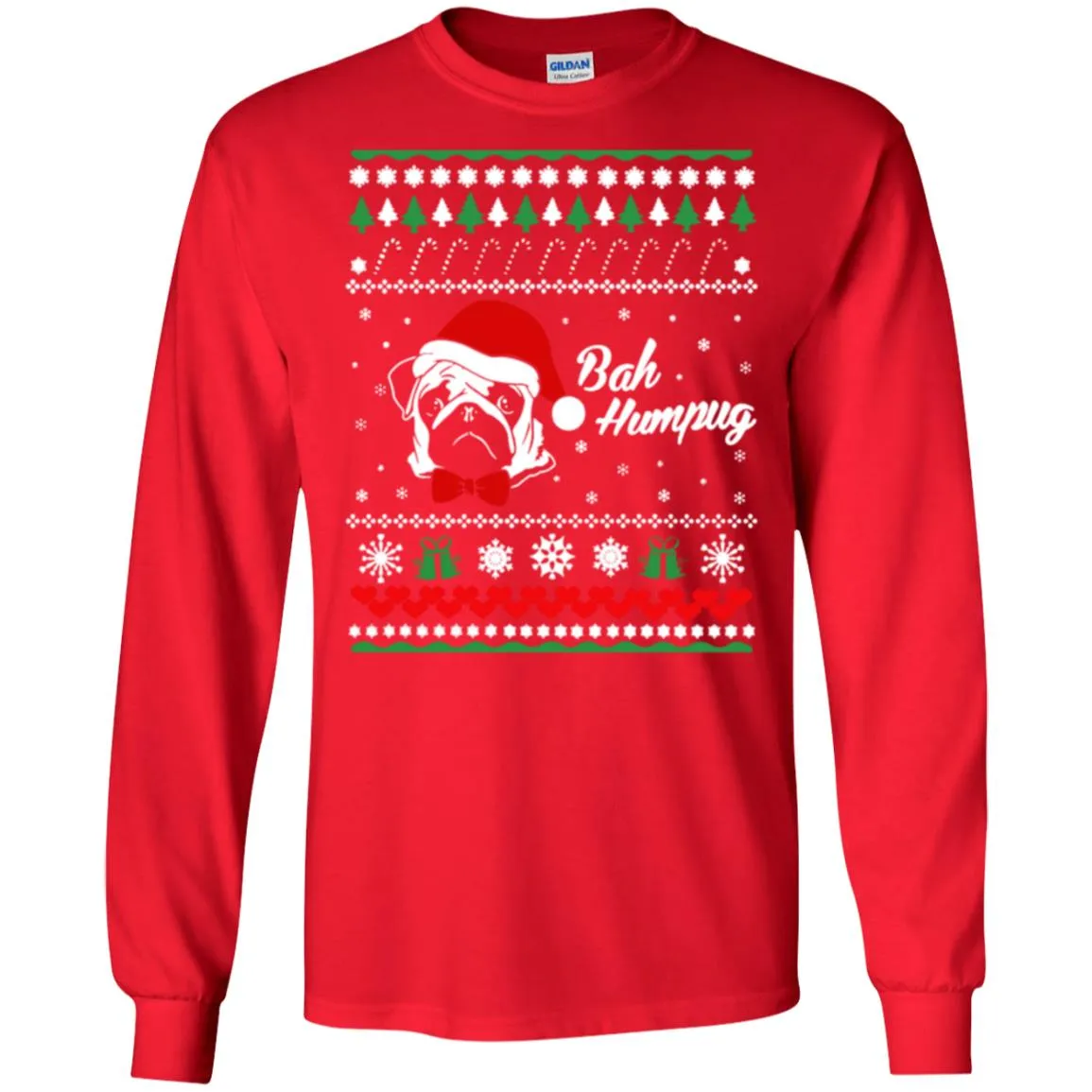Bah Hum Pug Dog Christmas Men Long SLeeve Shirt