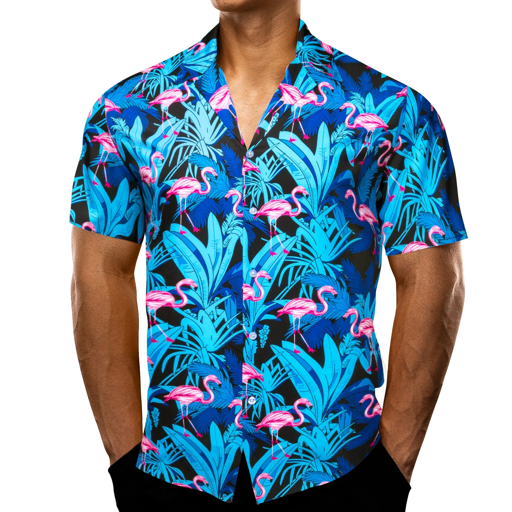 Barry Wang Shrits Men's Blue Pink Red-Crowned Crane Short Sleeves Shirt