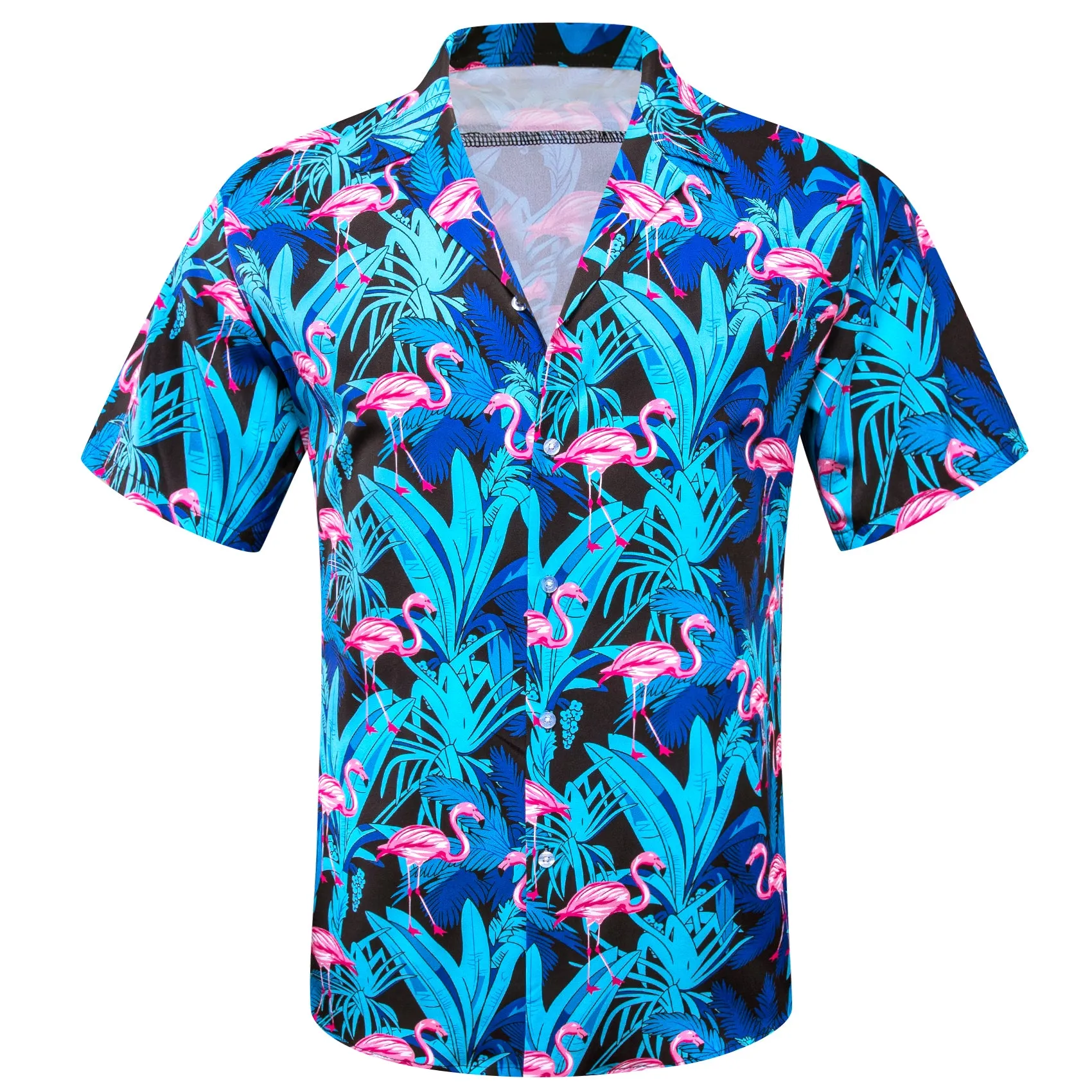 Barry Wang Shrits Men's Blue Pink Red-Crowned Crane Short Sleeves Shirt
