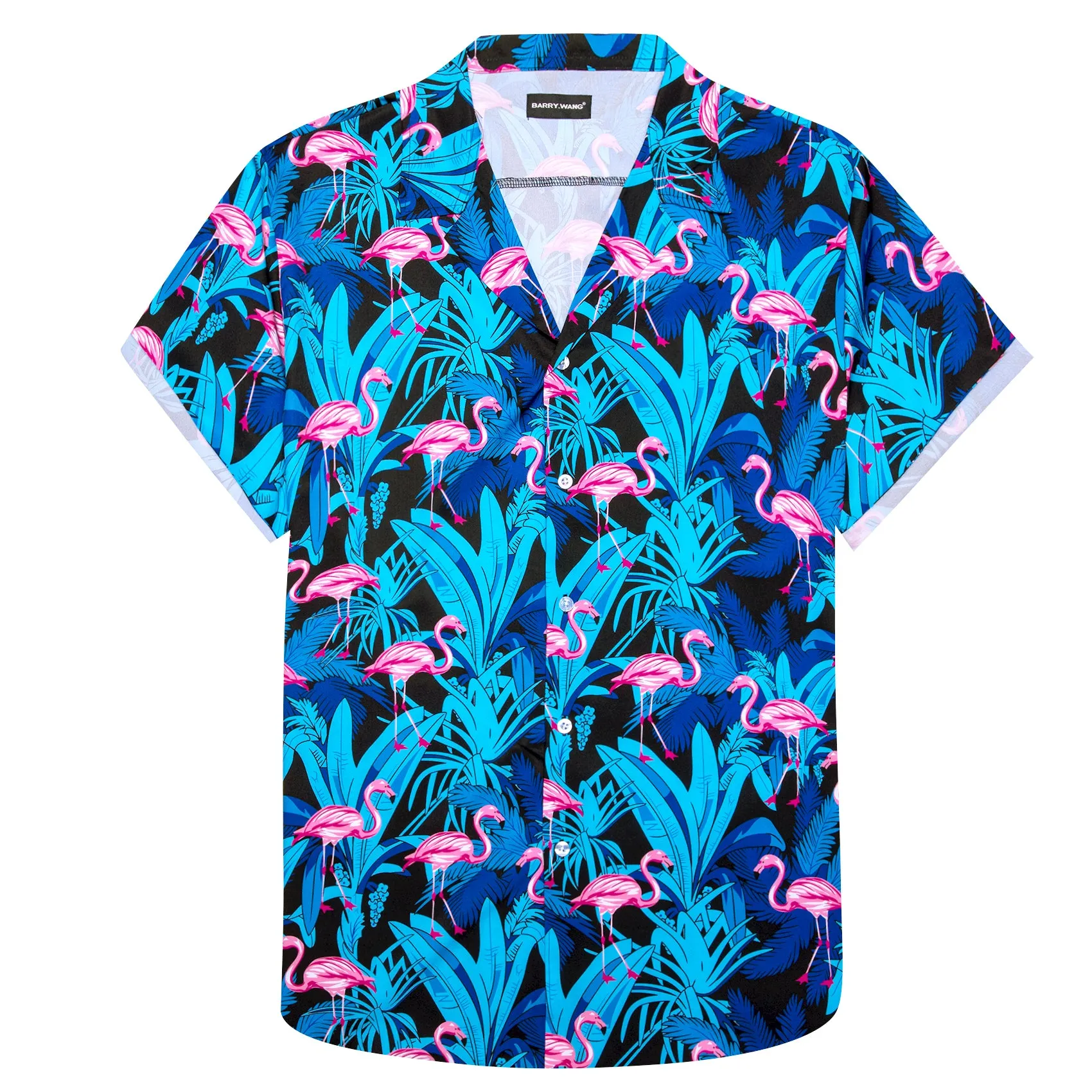 Barry Wang Shrits Men's Blue Pink Red-Crowned Crane Short Sleeves Shirt