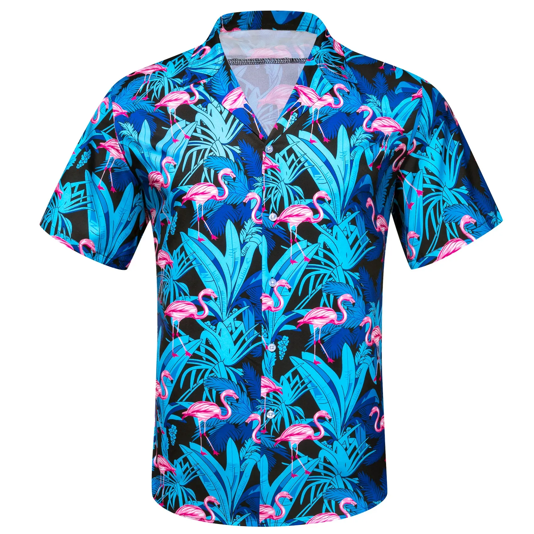 Barry Wang Shrits Men's Blue Pink Red-Crowned Crane Short Sleeves Shirt