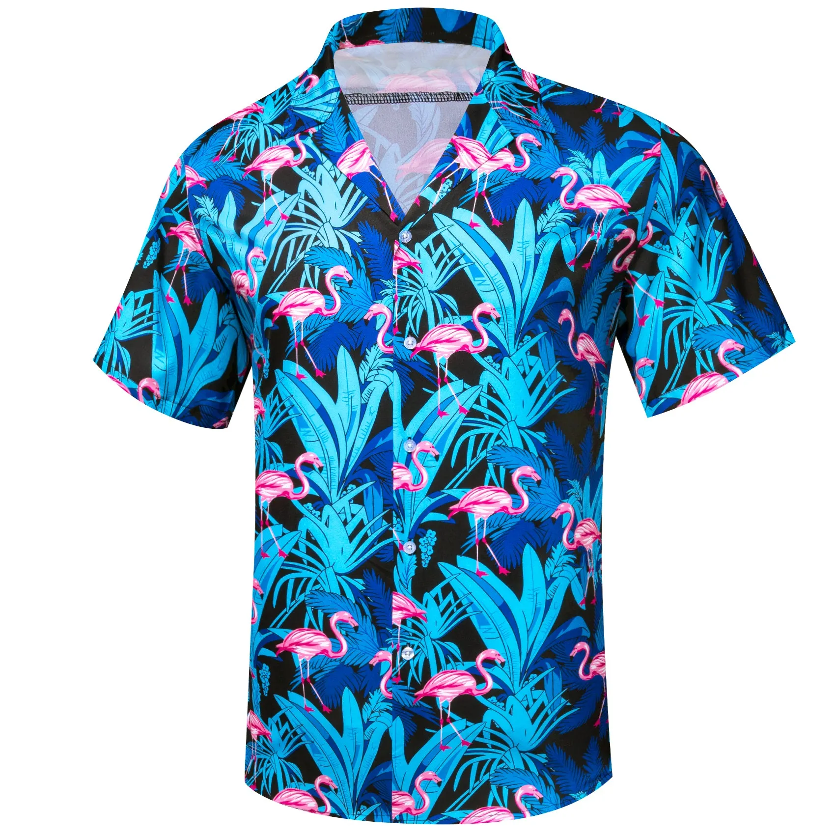 Barry Wang Shrits Men's Blue Pink Red-Crowned Crane Short Sleeves Shirt