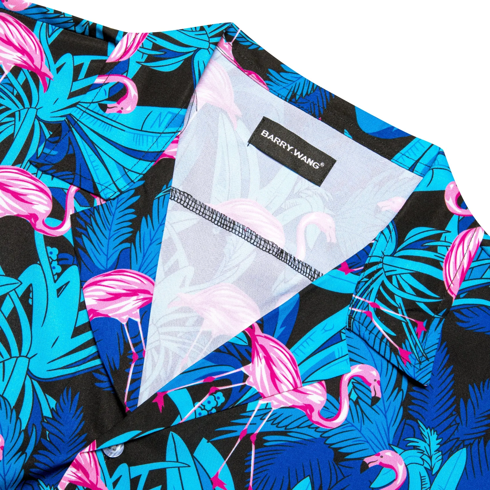 Barry Wang Shrits Men's Blue Pink Red-Crowned Crane Short Sleeves Shirt