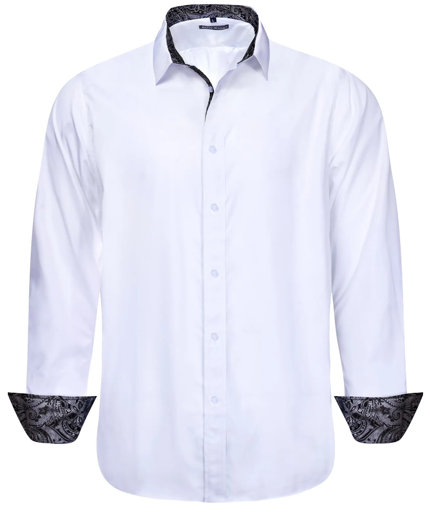 Barry Wang White Dress Shirt Black Paisley Cuff Men's Patchwork Shirt