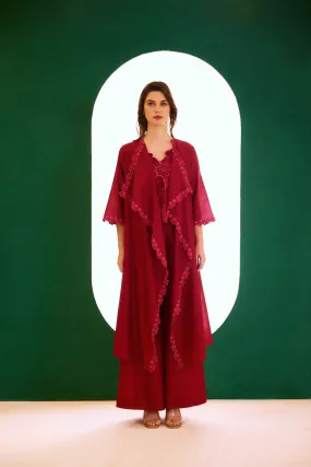 Berry Long Zealous Embroidered Cape, Spaghetti Top And Palazzo Pants Set
