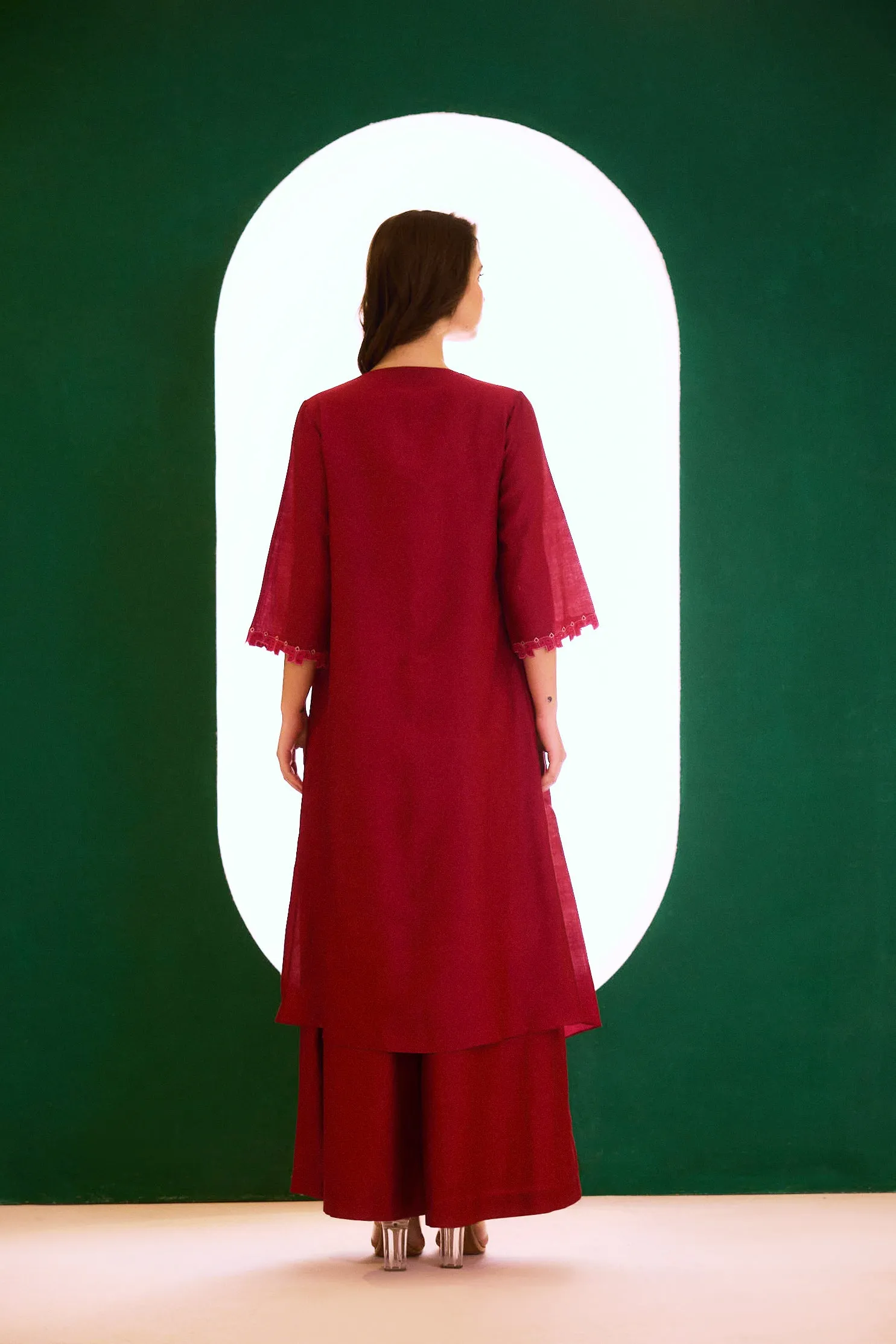 Berry Long Zealous Embroidered Cape, Spaghetti Top And Palazzo Pants Set