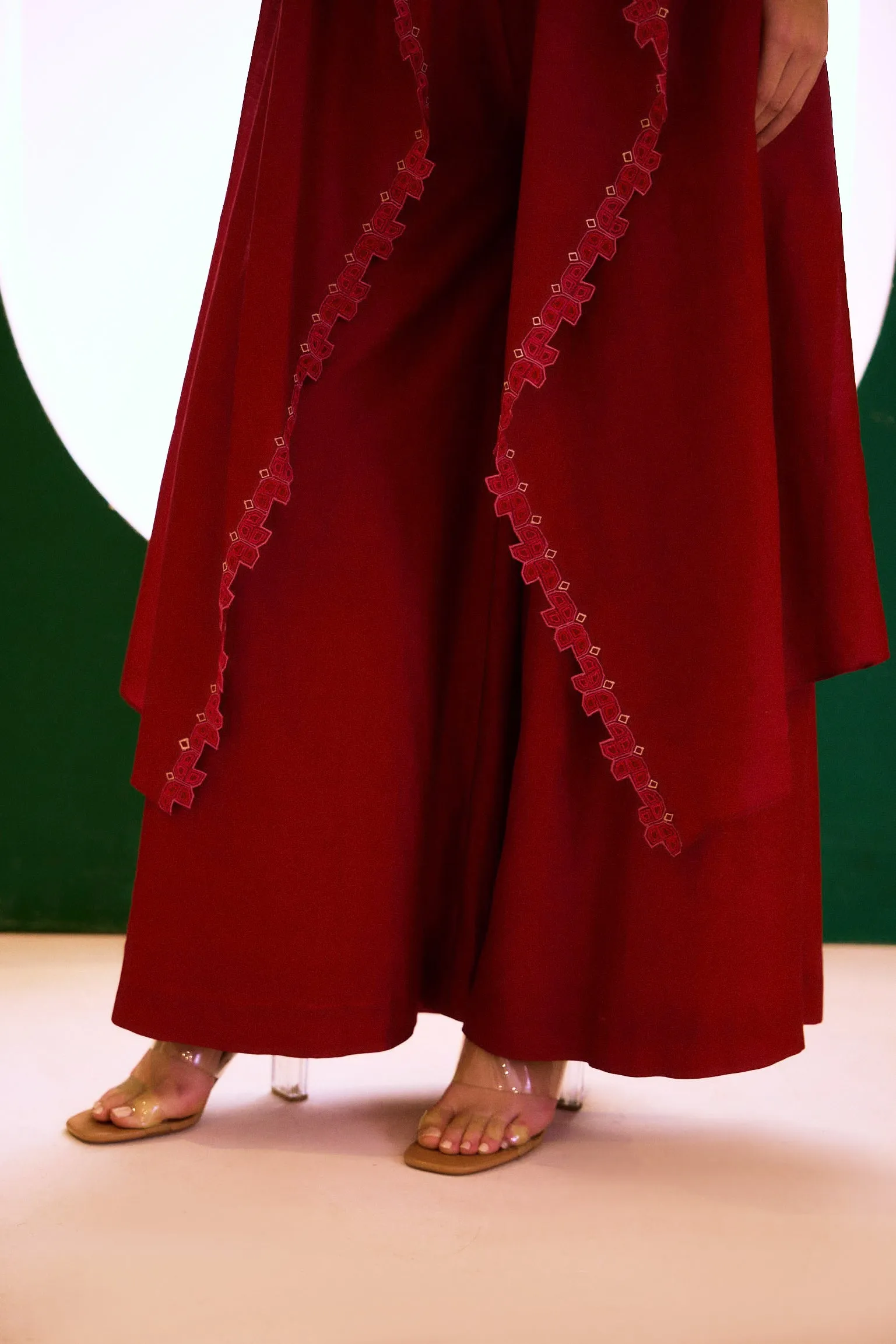 Berry Long Zealous Embroidered Cape, Spaghetti Top And Palazzo Pants Set
