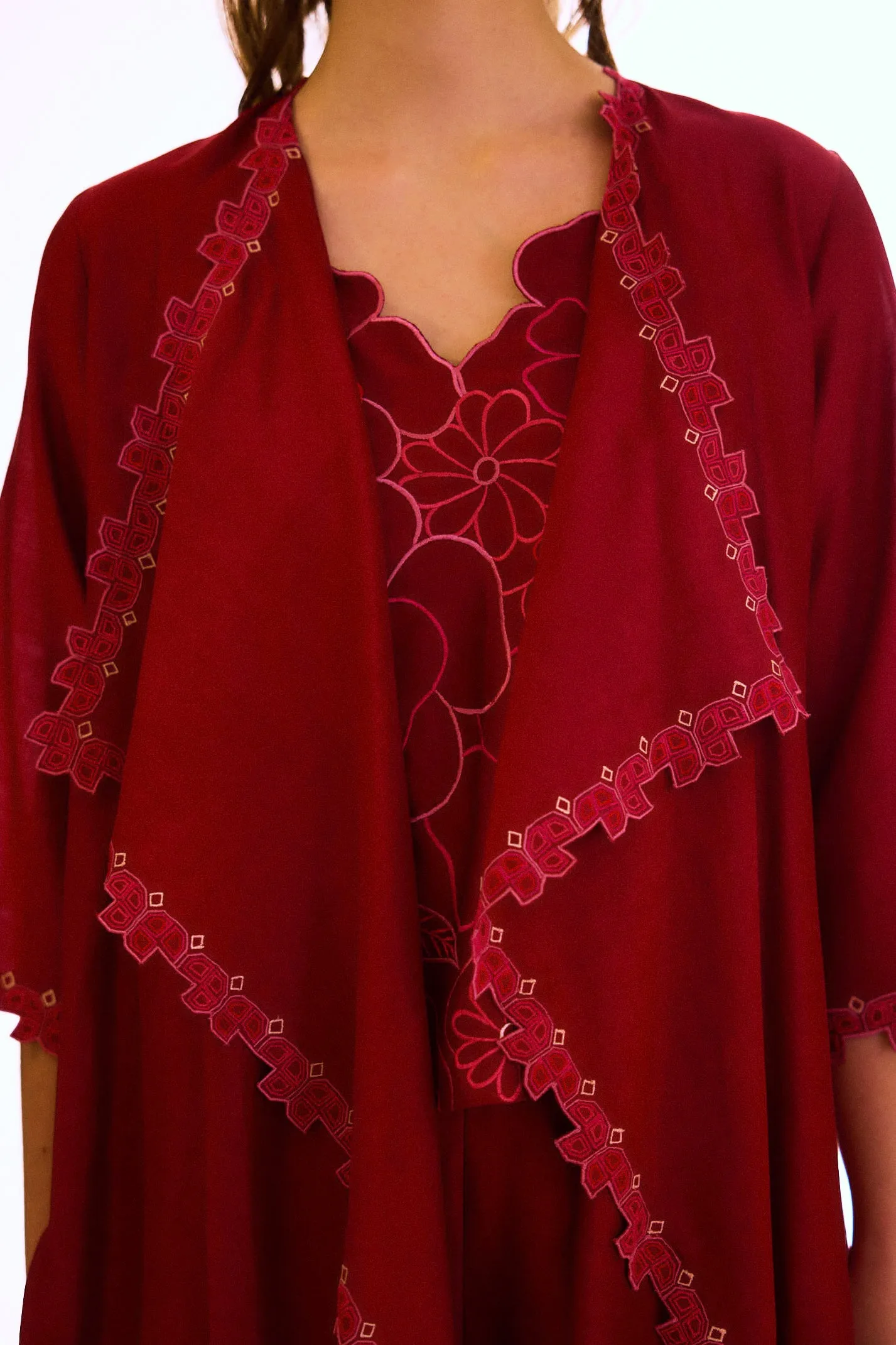 Berry Long Zealous Embroidered Cape, Spaghetti Top And Palazzo Pants Set