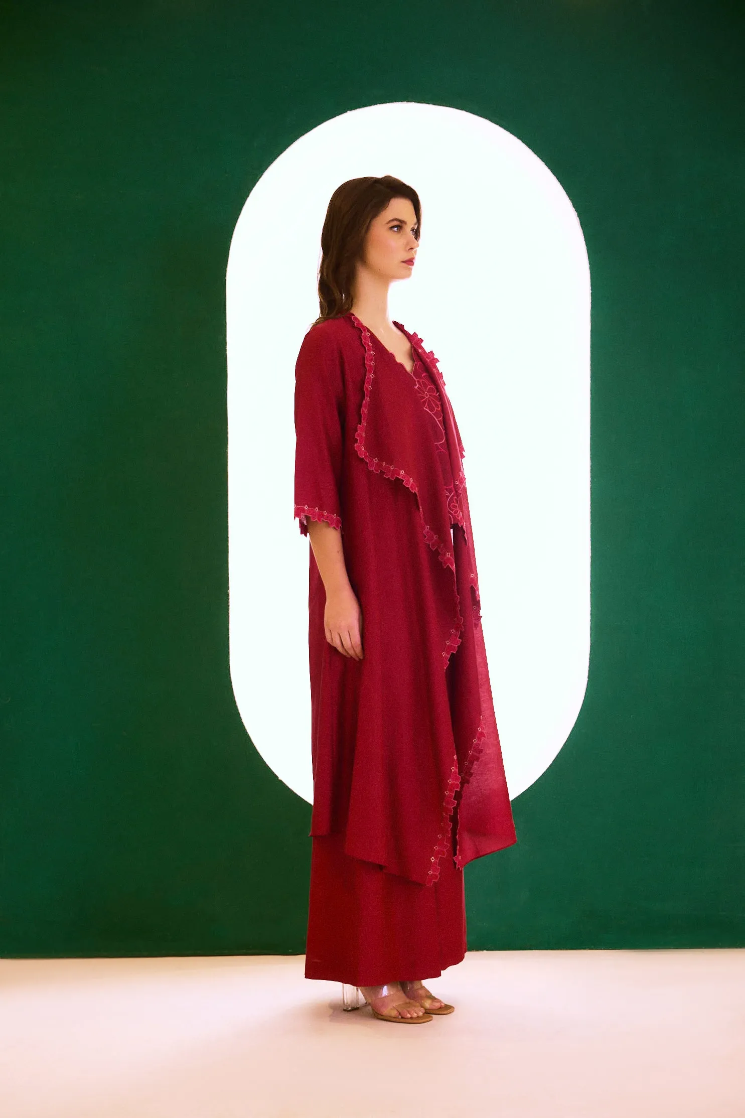 Berry Long Zealous Embroidered Cape, Spaghetti Top And Palazzo Pants Set