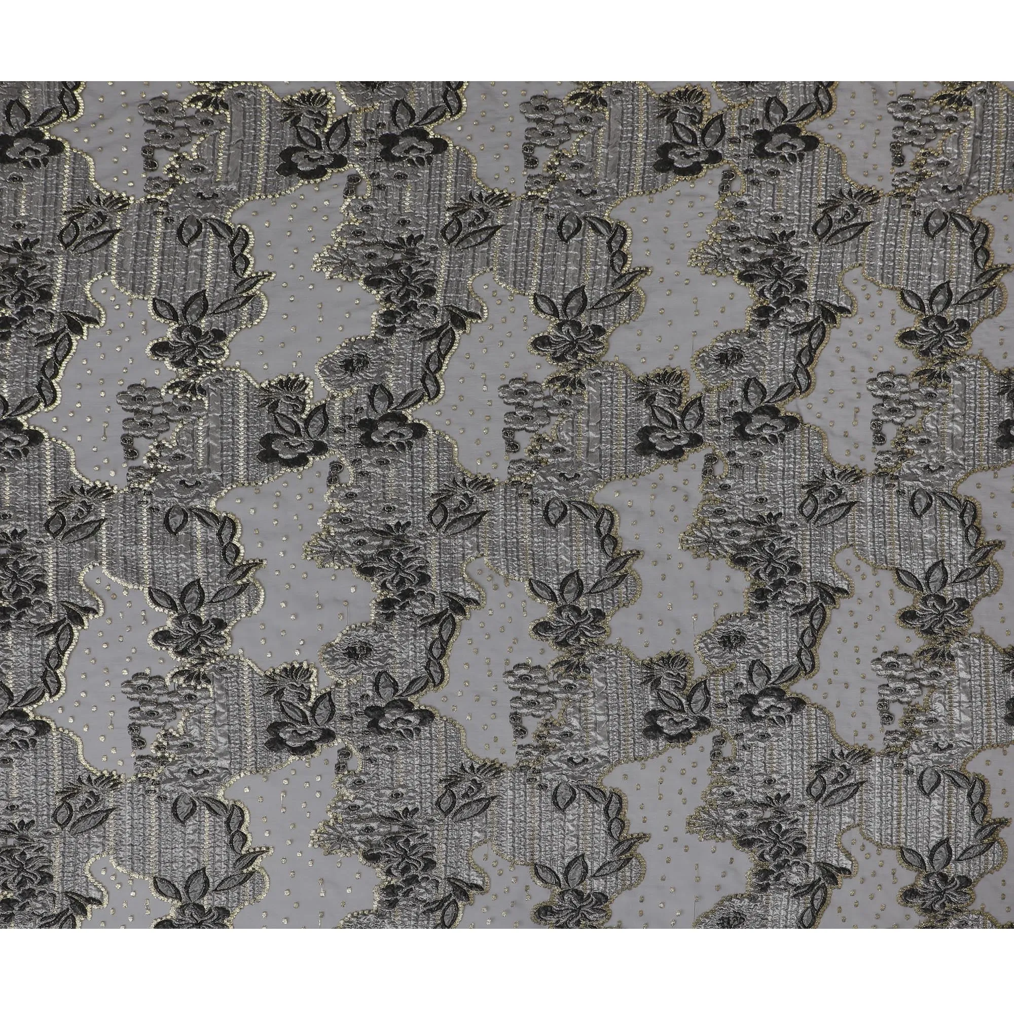 Black and Silver Synthetic Brocade Fabric with Textured Floral Design - 140 cm Width-D19809