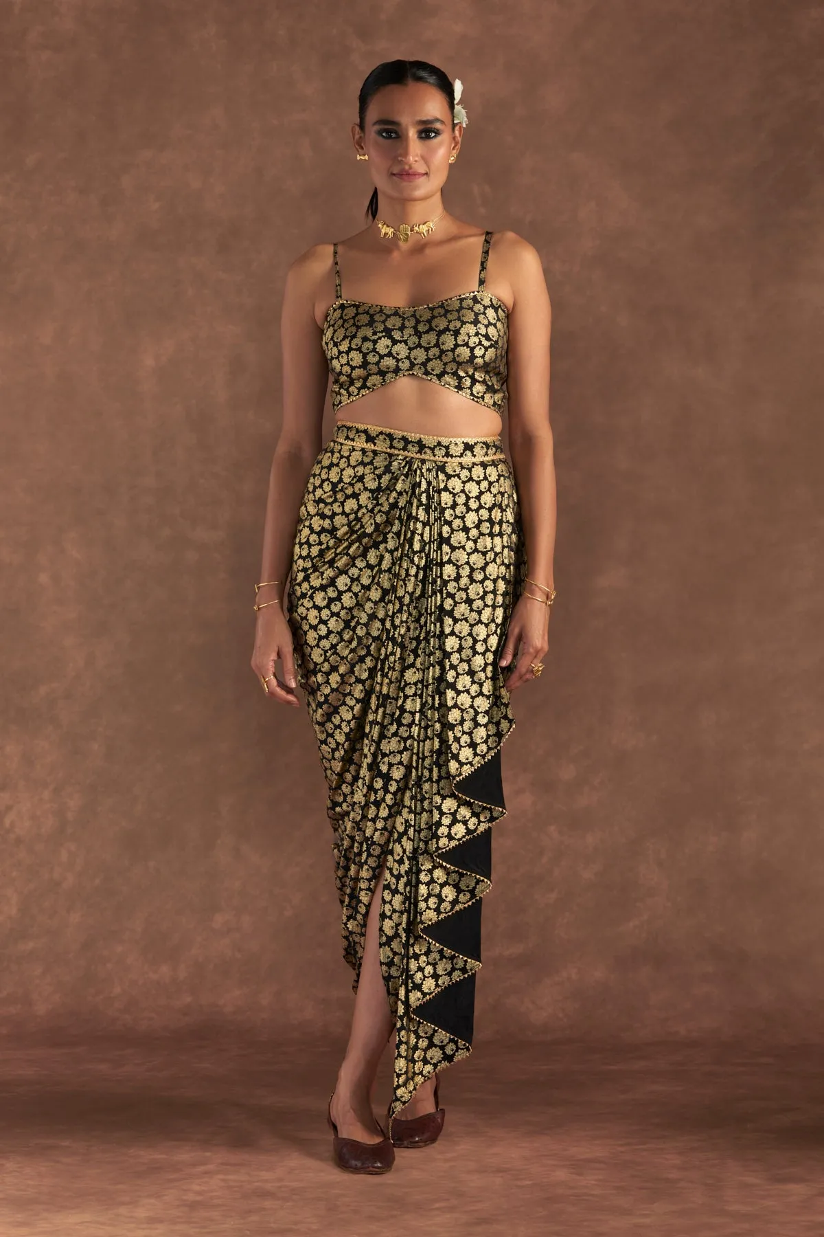 Black Berrybloom Drape Skirt Set