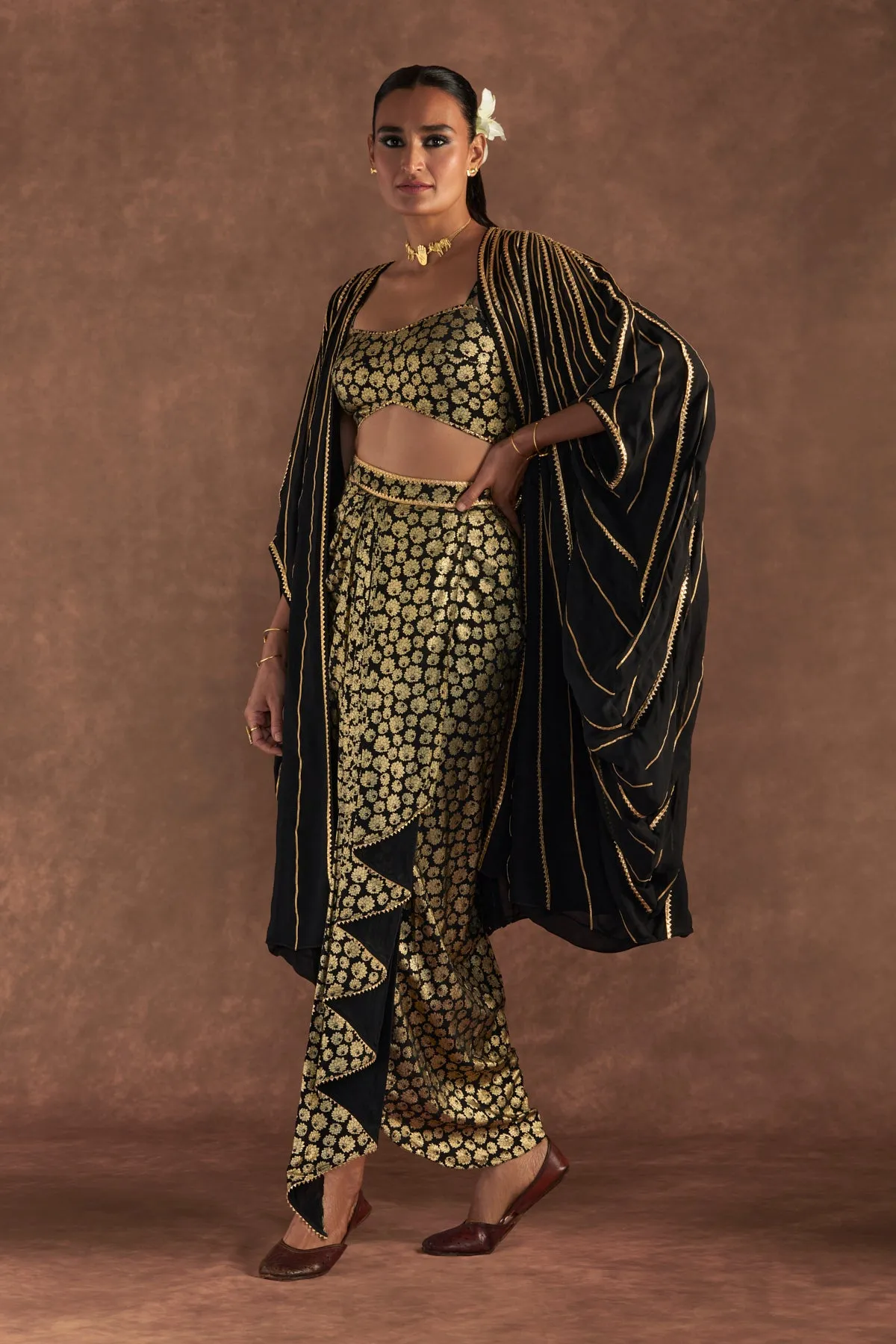 Black Berrybloom Drape Skirt Set