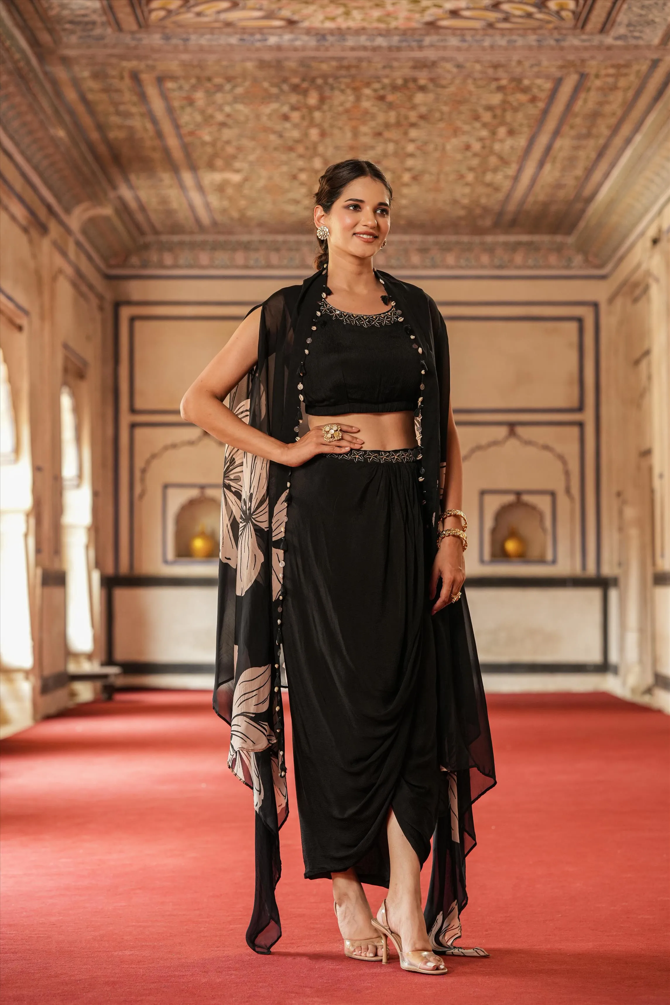 Black Chinon Silk Floral Print Drape Skirt, Choli And Cape Set