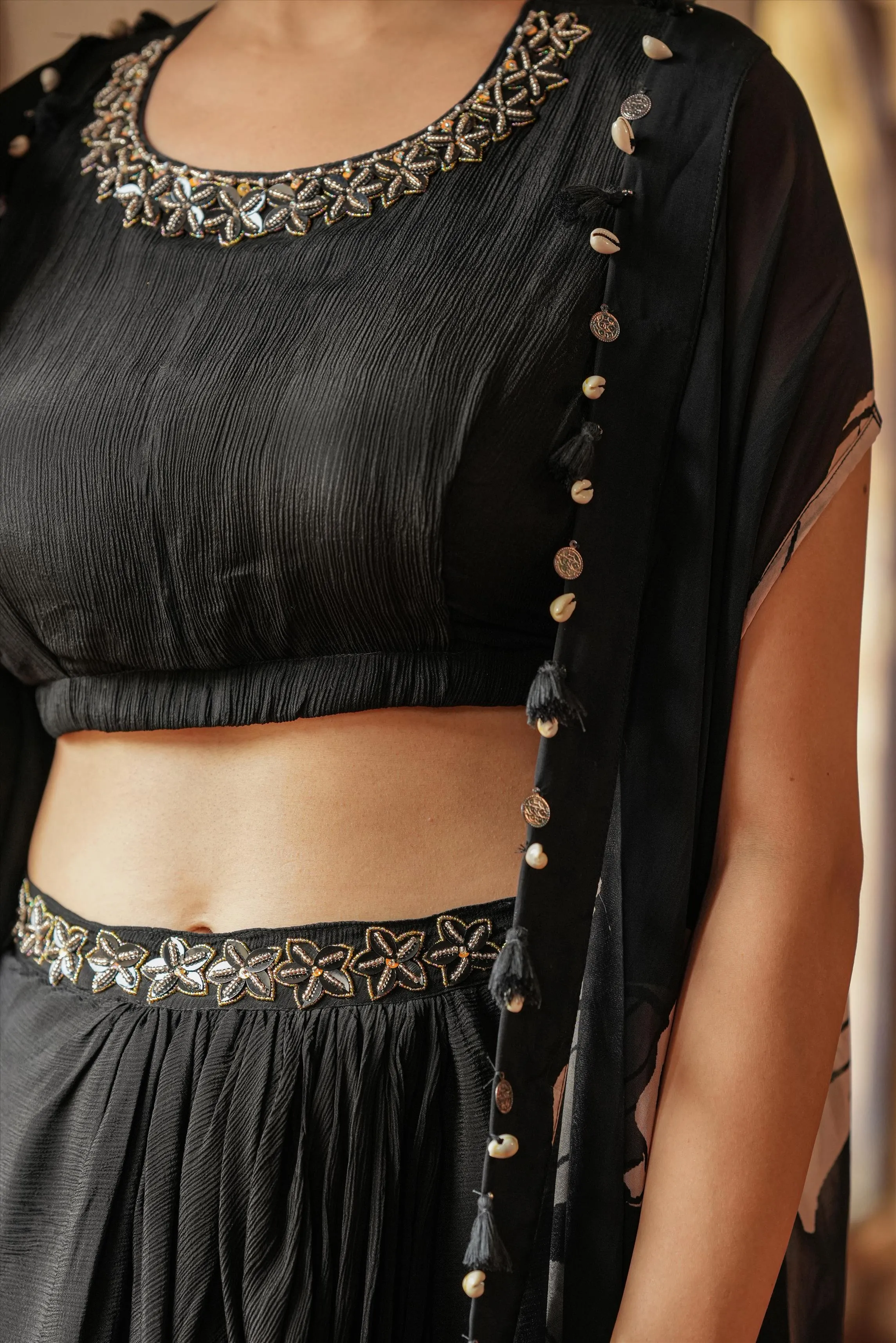Black Chinon Silk Floral Print Drape Skirt, Choli And Cape Set