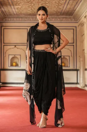 Black Chinon Silk Floral Print Drape Skirt, Choli And Cape Set