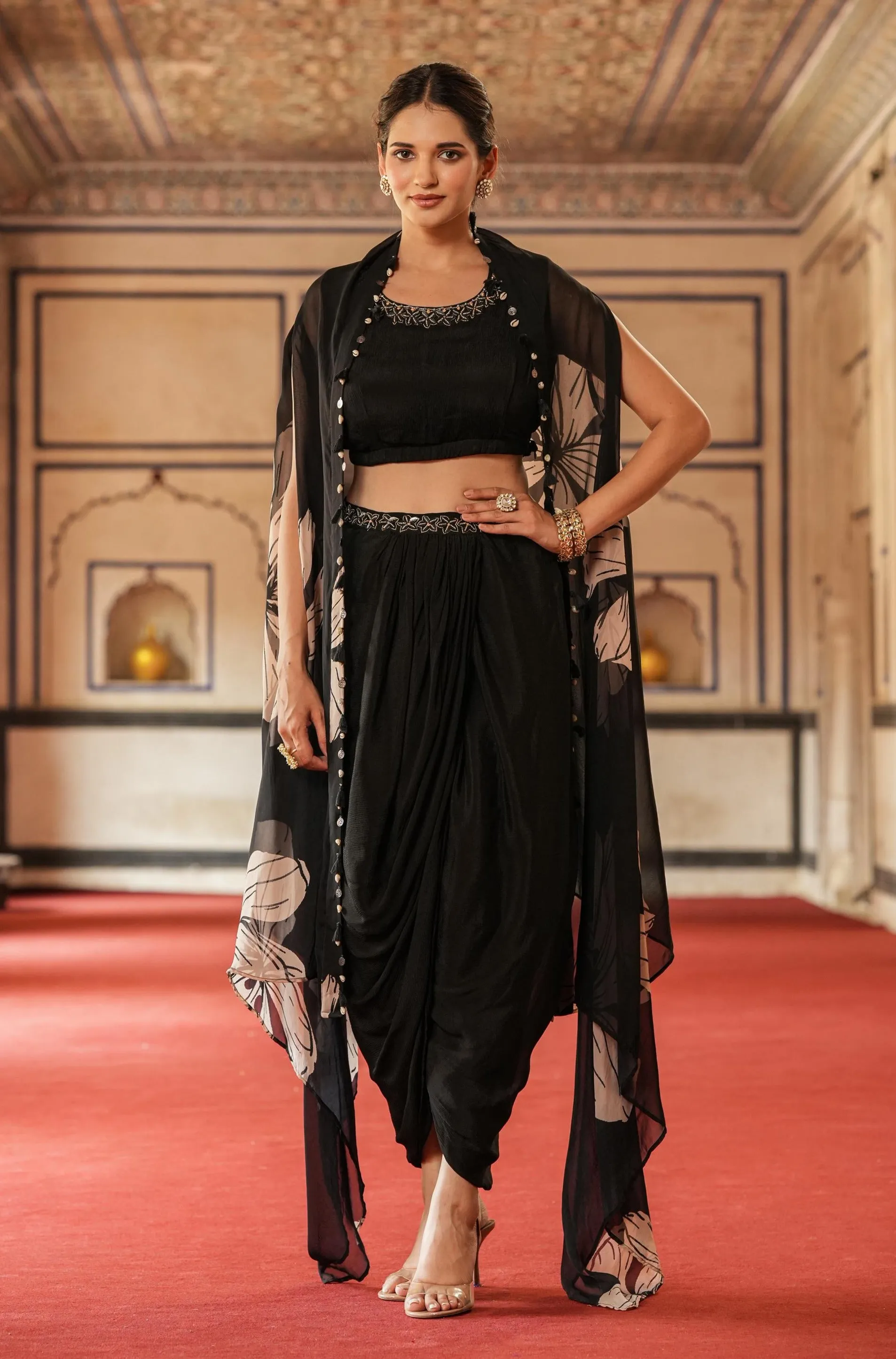 Black Chinon Silk Floral Print Drape Skirt, Choli And Cape Set