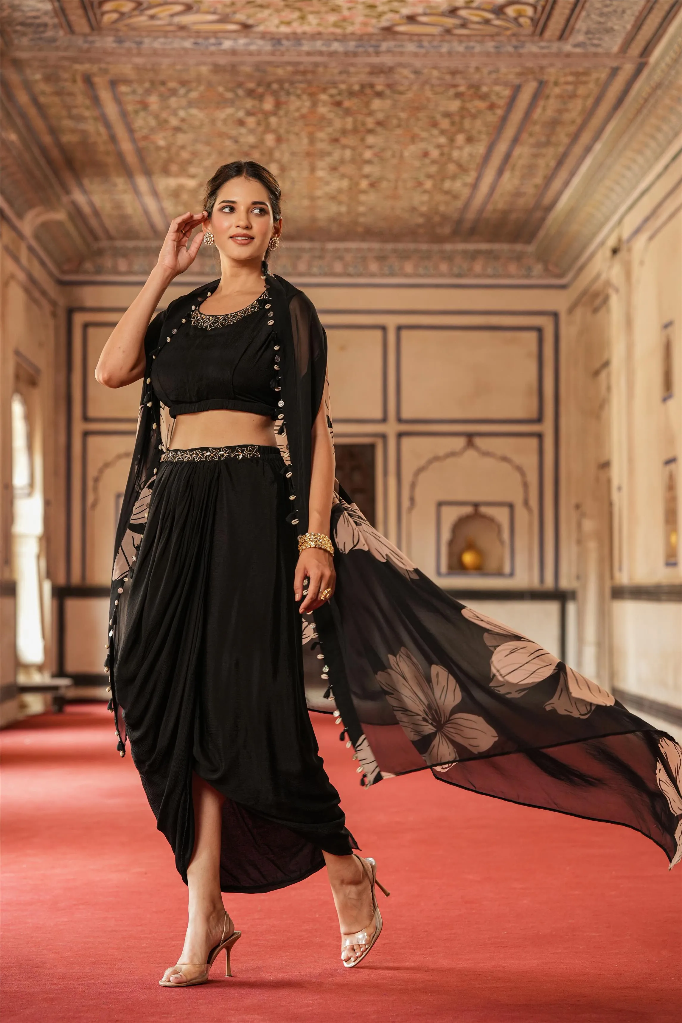 Black Chinon Silk Floral Print Drape Skirt, Choli And Cape Set