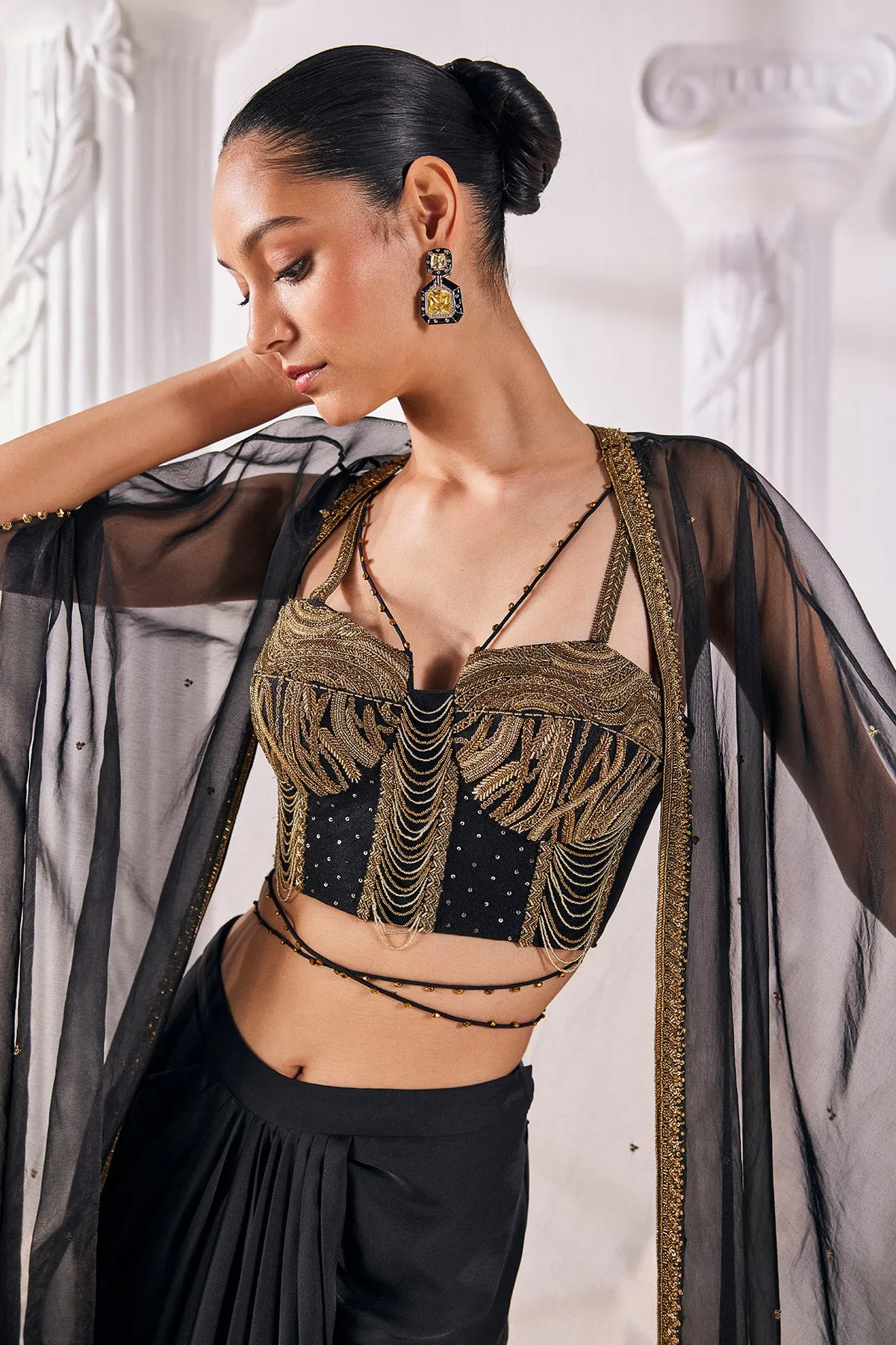 Black Draped Skirt Set