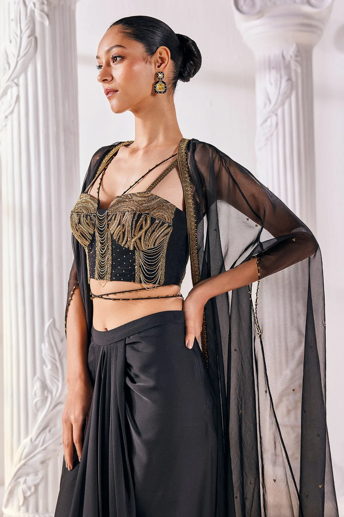 Black Draped Skirt Set