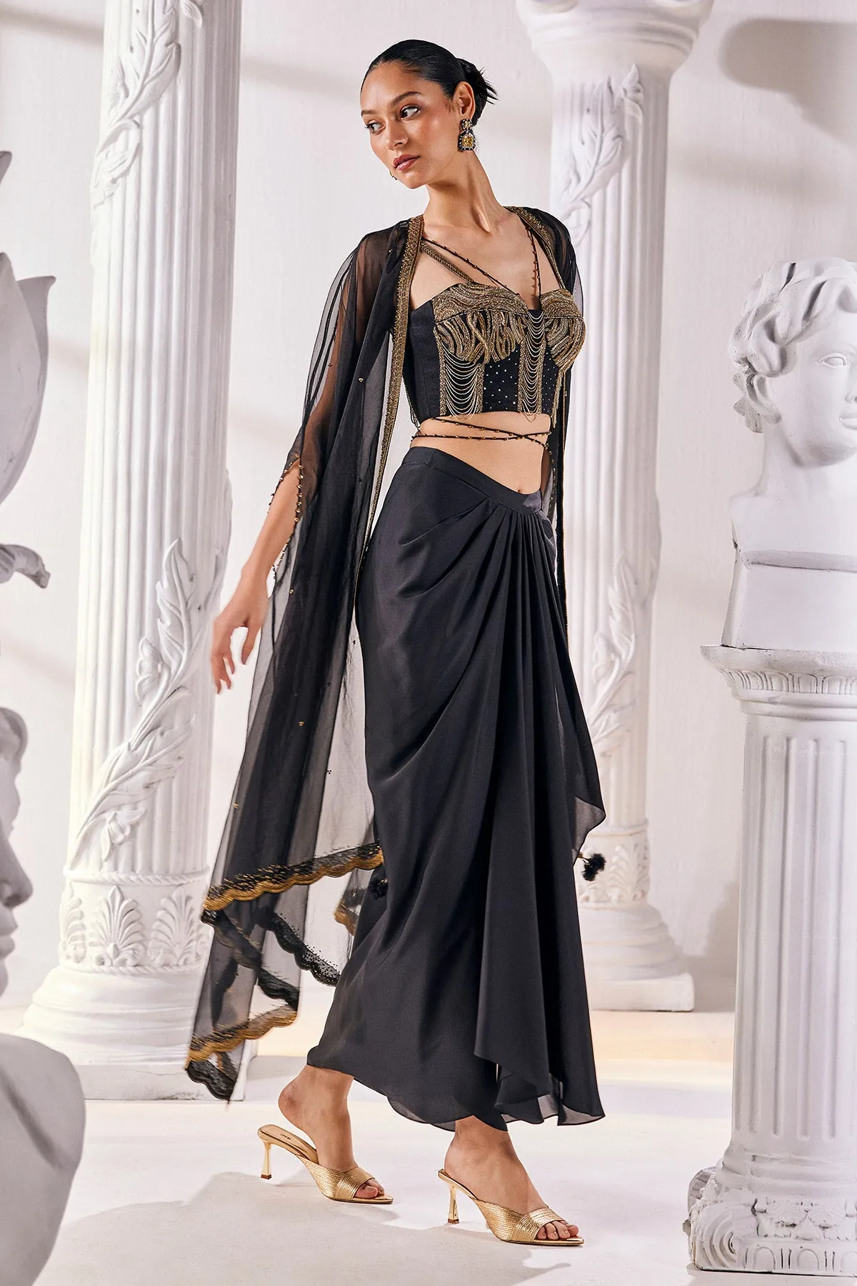 Black Draped Skirt Set