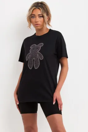 Black T Shirt With Diamante Sparkle Teddy Bear