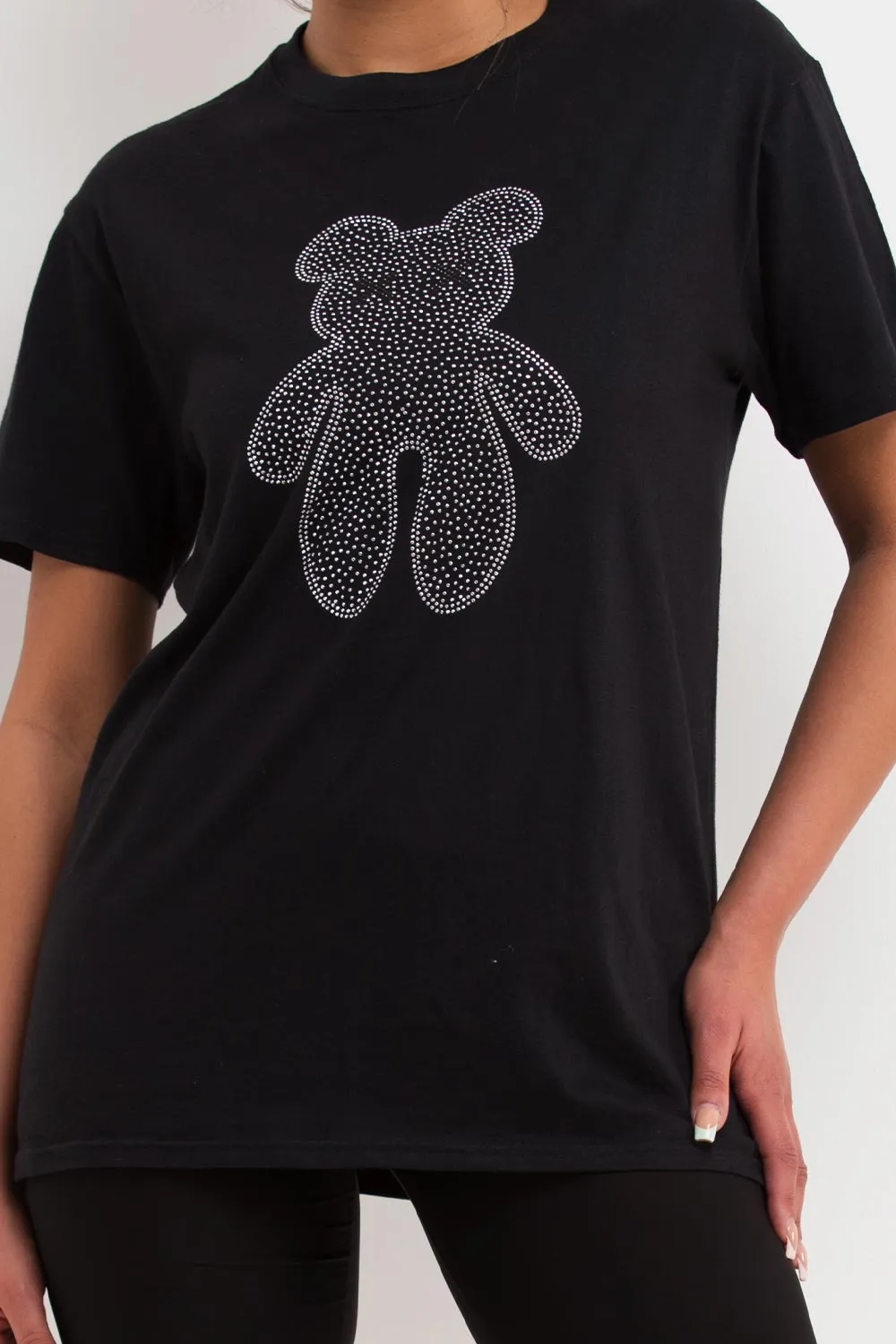 Black T Shirt With Diamante Sparkle Teddy Bear