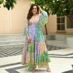 Bunaai Bandhej Cape with Top & Pants