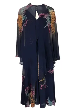 c.1977 Pauline Trigere Silk 'Fireworks' Print Halter Dress & Cape