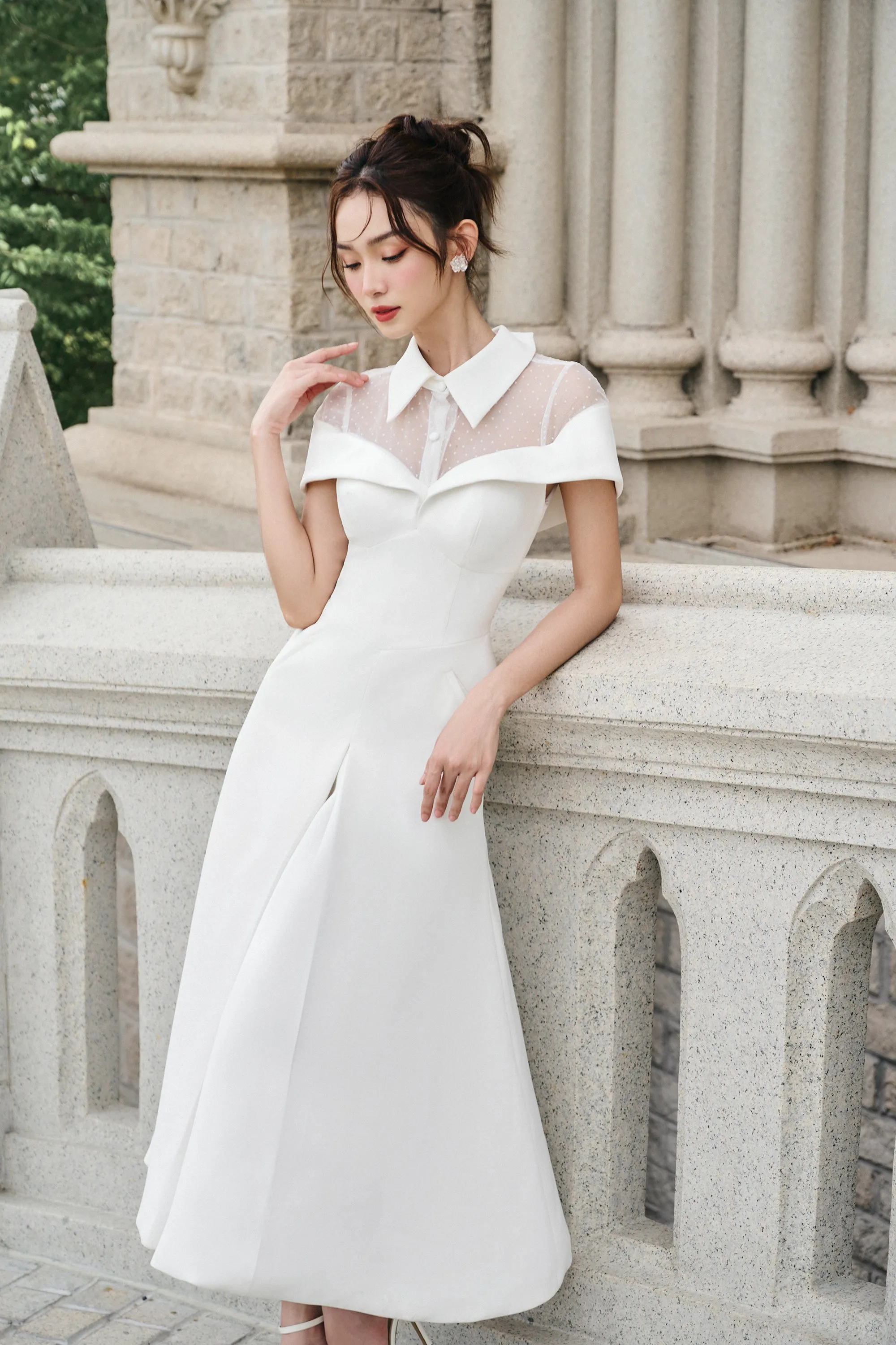 Cecilia A-line Collared Neck Twill Midi Dress