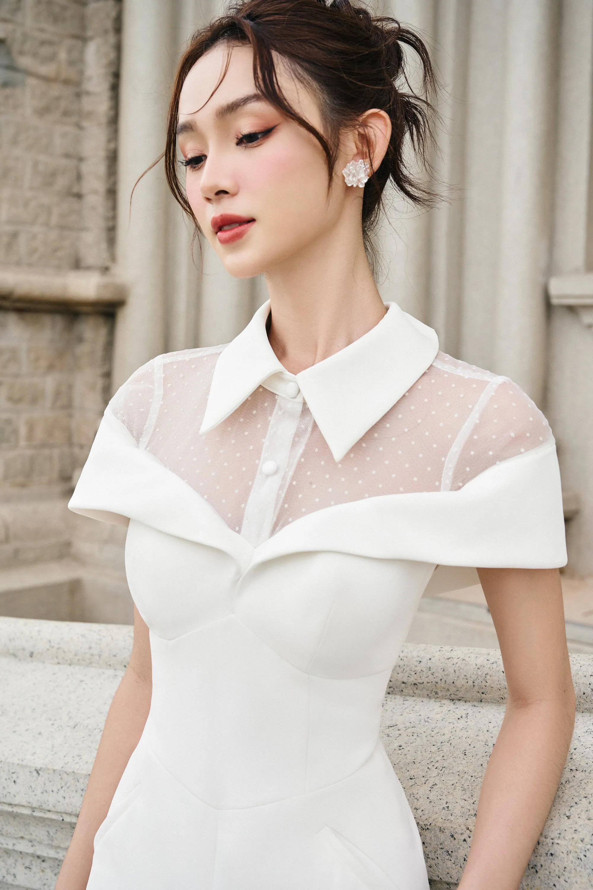 Cecilia A-line Collared Neck Twill Midi Dress