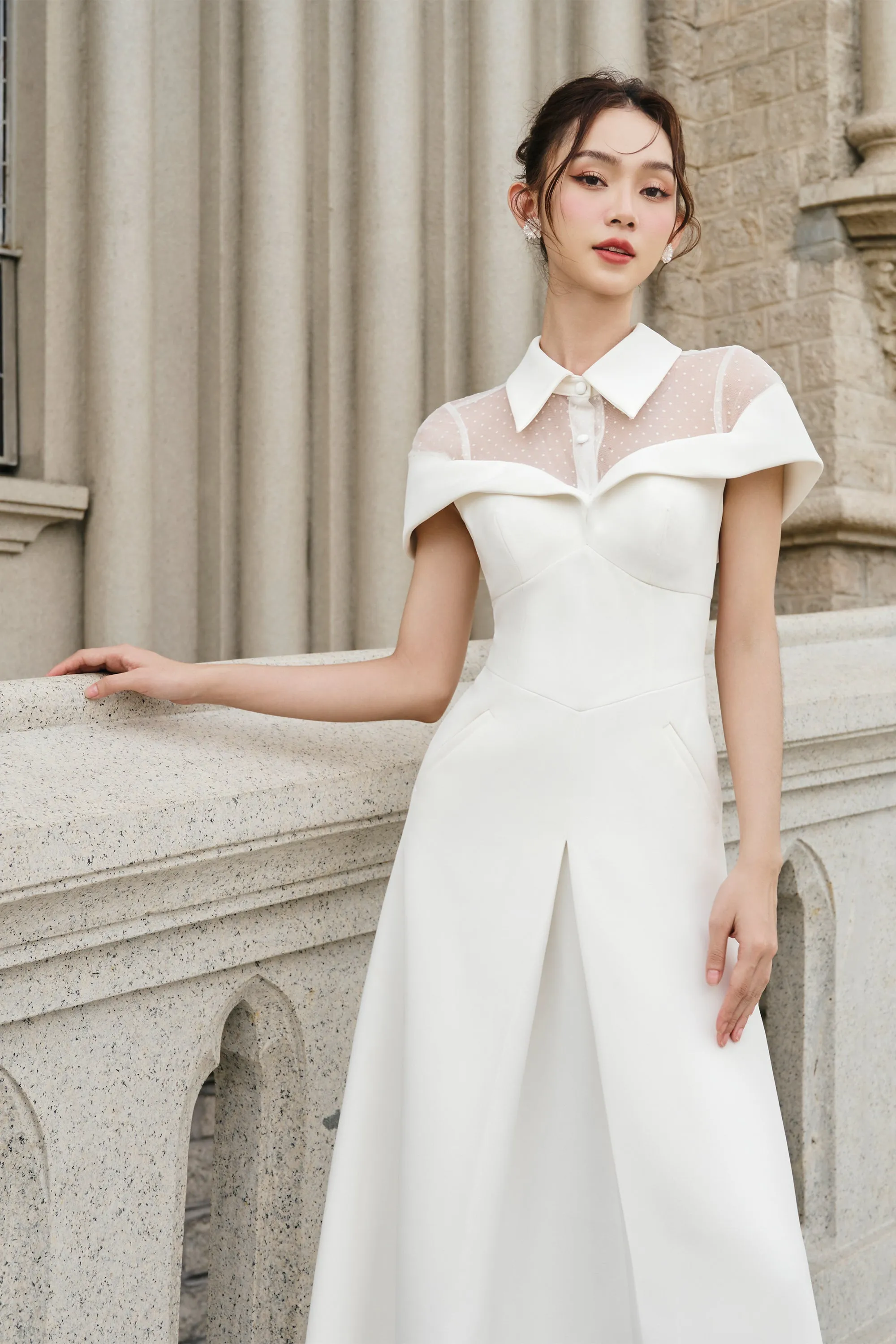 Cecilia A-line Collared Neck Twill Midi Dress